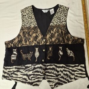 Victoria Jones Woman Vintage 90s Cat Animal Print Patchwork Vest XL Cotton Black